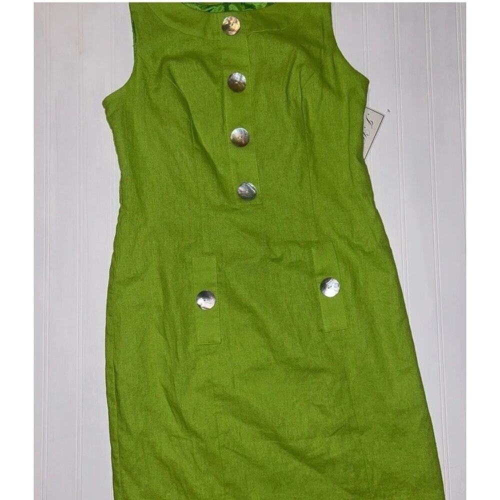 Linen Blend Sleeveless Lined Lime Green Sheath Dress Size 6 Abalone Buttons D28